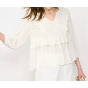 LC Lauren Conrad Ivory White Smocked Ruffle V-Neck 3/4 Sleeve Blouse XXL Women's